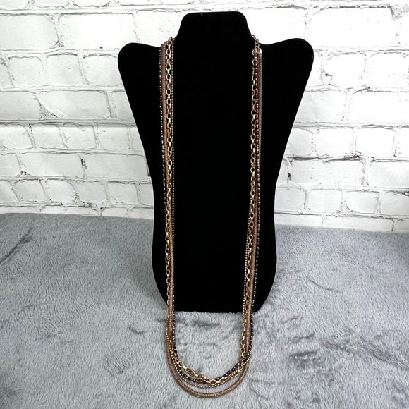 Chicos Multi Strand Necklace Mixed Chains Gold Black Tone Beads 37 inch - Picture 3 of 6